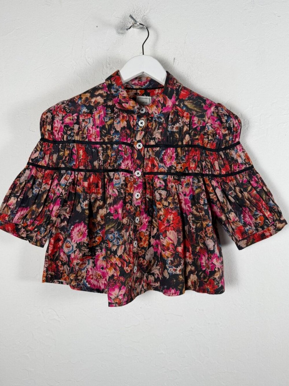 Maeve Anthropologie Blouse Floral Puff Sleeve Shirred Yoke Crop Leandra Top XS
